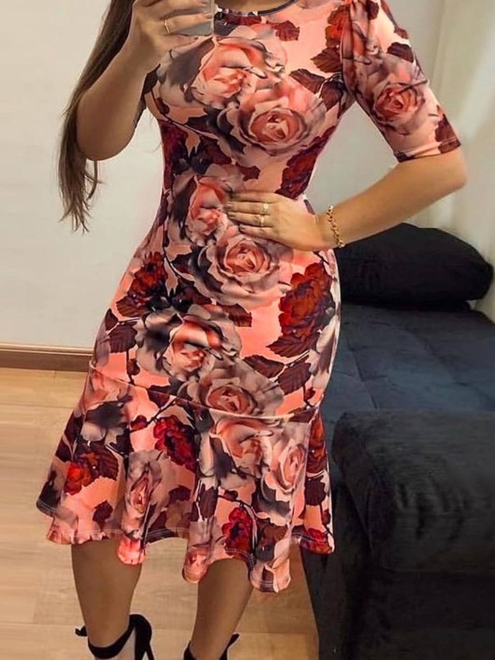 Floral Fit-and-Flare Pink Rose Midi Dress
